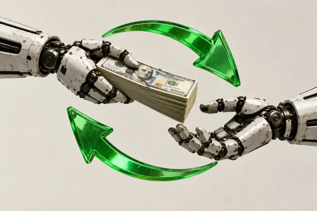 Robot hands passing a bundle of notes between them