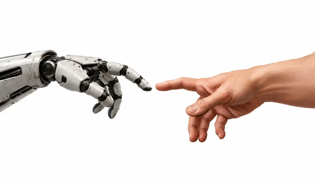 A robot hand and a human hand reaching for each other