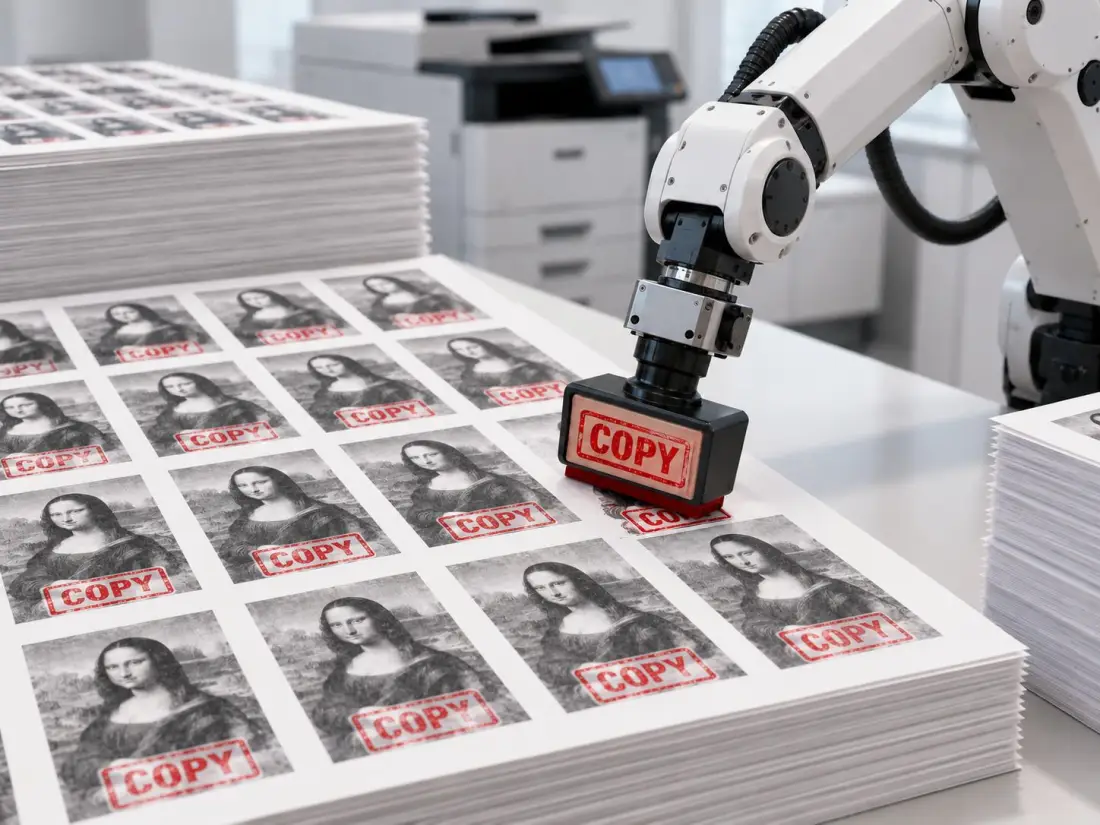 A robot arm stamping COPY on a stack of identical reproductions