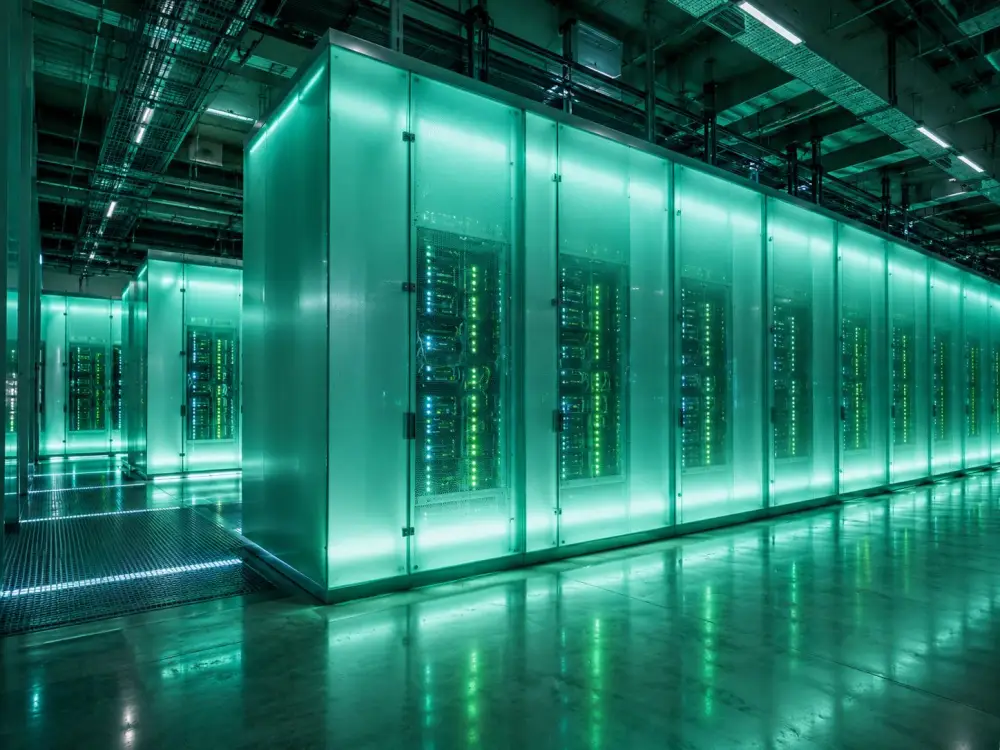 A row of glowing green server cabinets in a data centre
